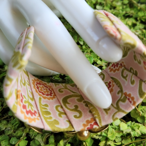 LENORA DAME Anthro Pleats Cottage Floral Fabric Gems Pearls Metal Cuff Bracelet - Picture 14 of 16